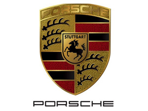 Porsche Wappen gold/schwarz/rot mit Pferd in der Mitte, schwarzer Porscheschriftzug darunter